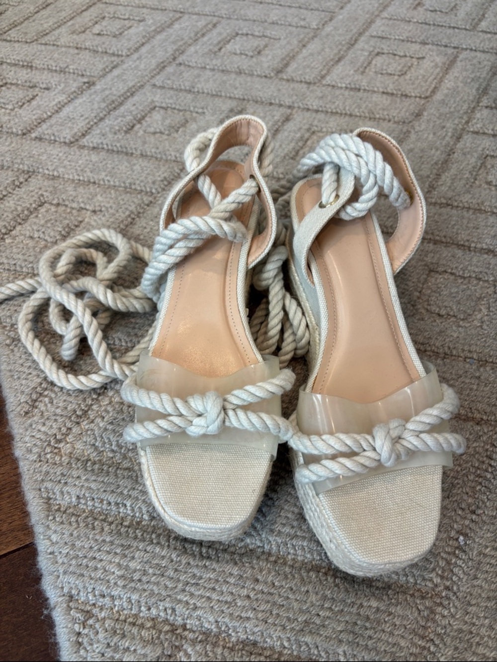 JustFab Cream Rope Tie Sandals with Clear Strap